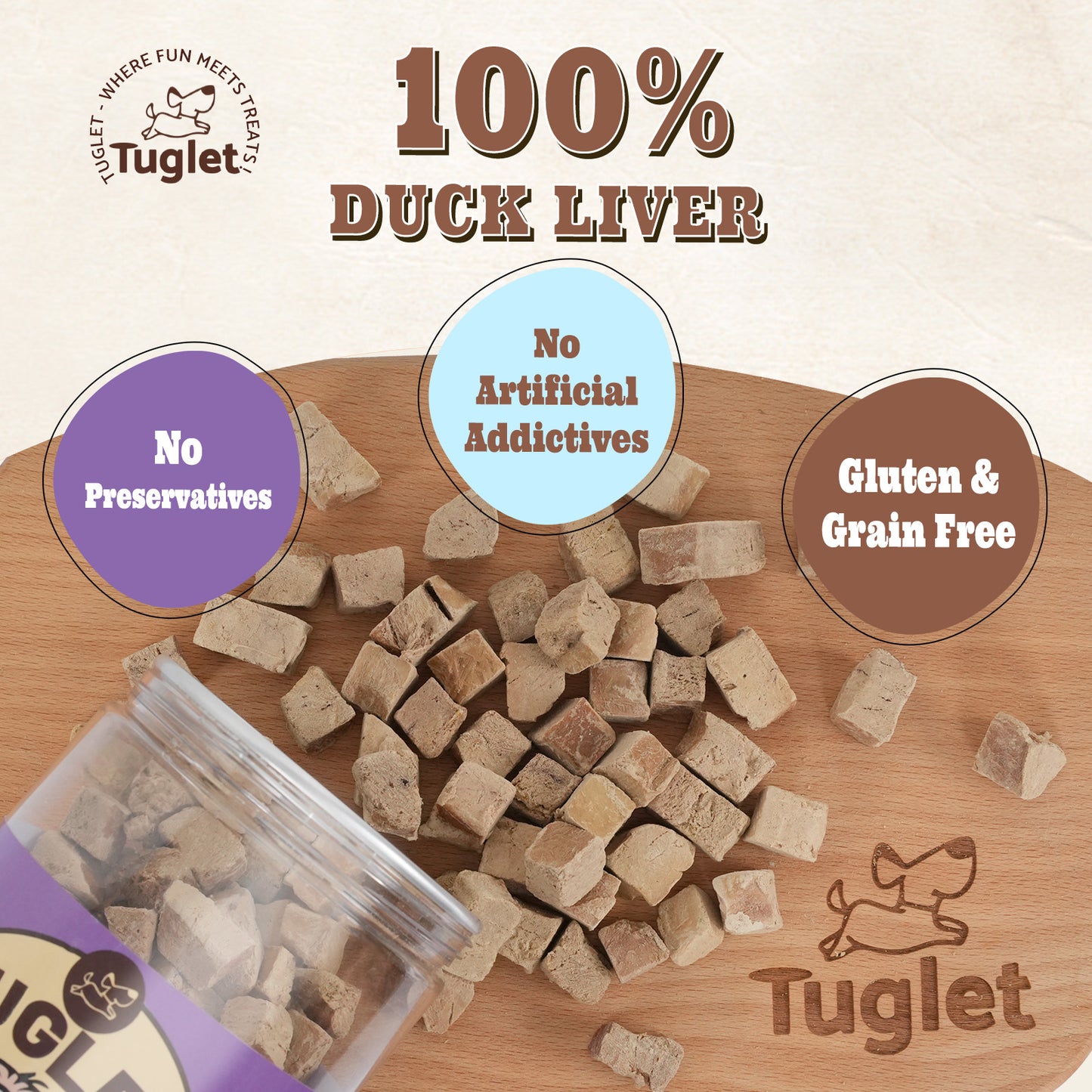 Tuglet Freeze Dried Duck Liver Dog Treats, Raw Single Ingredient Snacks, Healthy Food Toppers, 4.6 oz