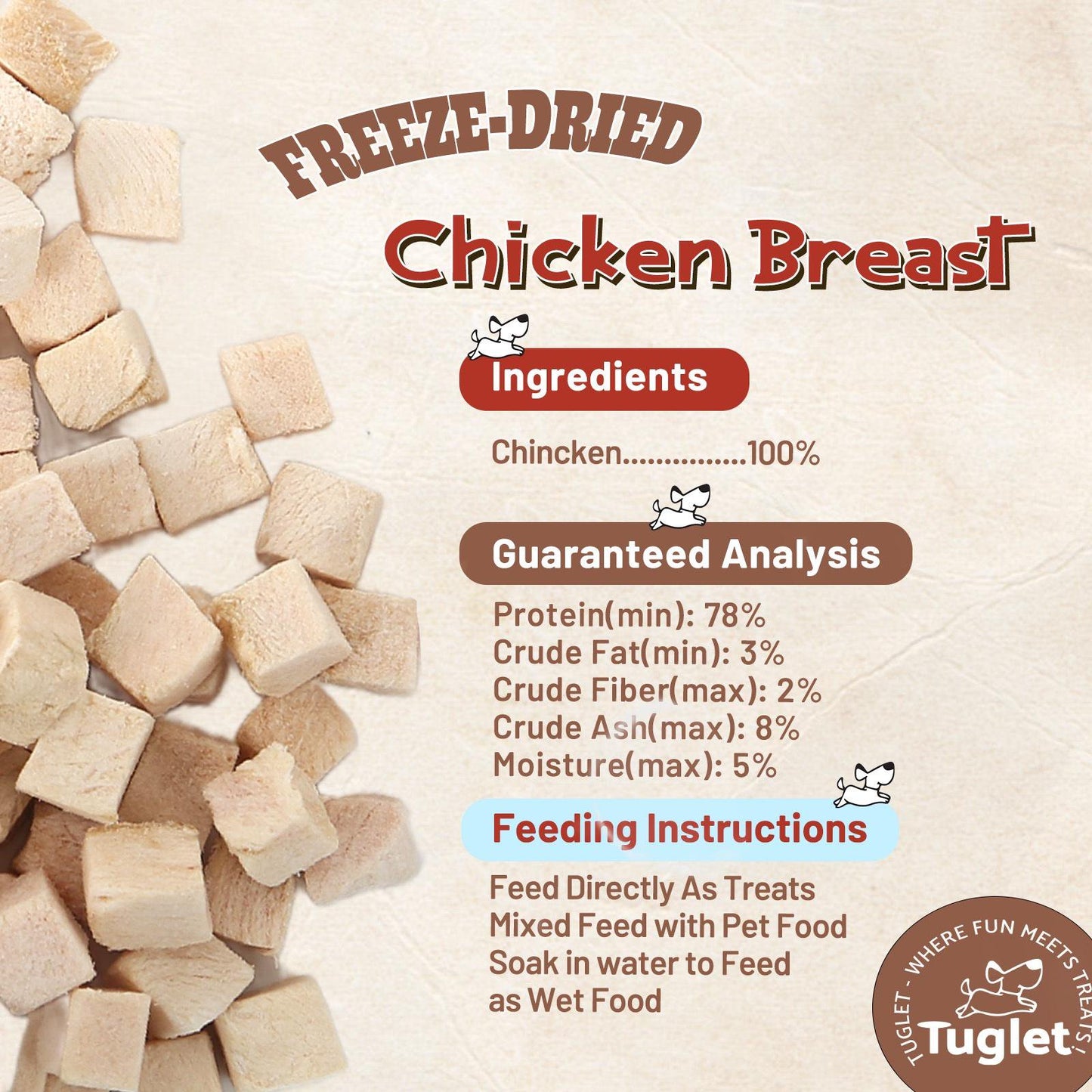 TUGLET Freeze Dried Chicken Dog Treat, Healthy Raw Single Ingredient Chicken Breast Food Toppers, 4.6 oz