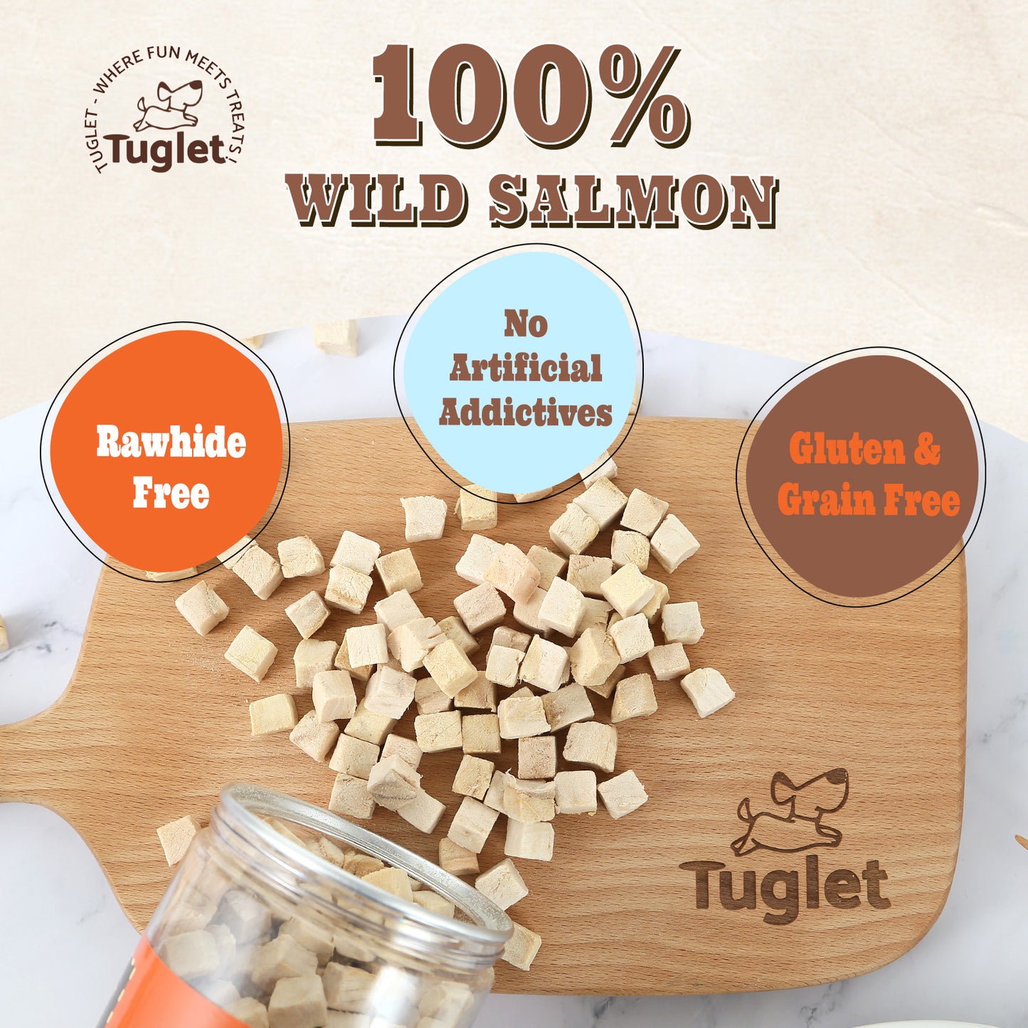 TUGLET Freeze Dried Dog and Cat Treats, Raw Single Ingredient Salmon Bites Dog Food Toppers, 3.9 oz