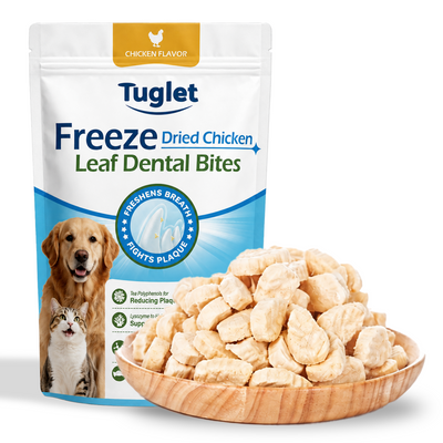 TUGLET Freeze-Dried Chicken Leaf Dental Chews Dog & Cat Treat, Cleans Teeth & Reduces Tartar, Freshens Breath, High Protein Treat for Small Medium Large Dogs & Cats, 5.3 oz Bag