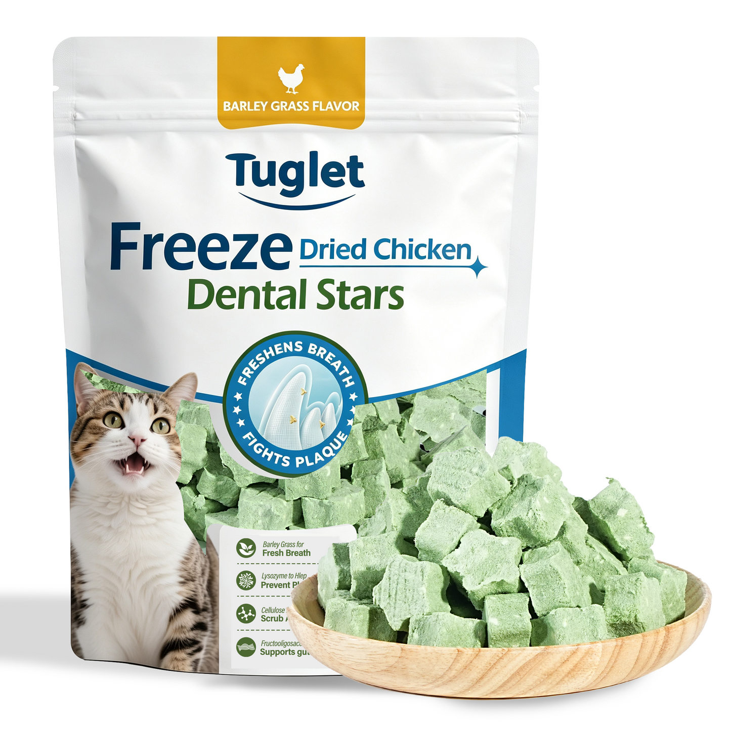TUGLET Freeze Dried Cat Dental Treats, Real Chicken with Barley Grass for Teeth Cleaning & Hairball Support, Natural Crunchy Chews for All Cats, 3.6 oz