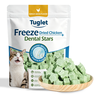 TUGLET Freeze Dried Cat Dental Treats, Real Chicken with Barley Grass for Teeth Cleaning & Hairball Support, Natural Crunchy Chews for All Cats, 3.6 oz