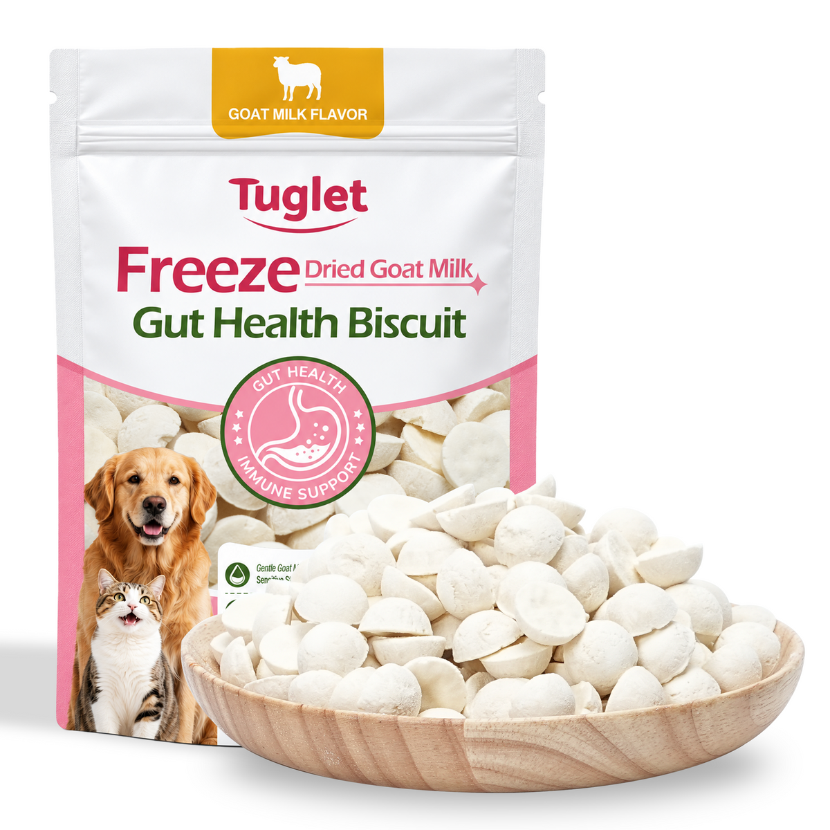 TUGLET Freeze Dried Goat Milk Gut Health Biscuit Dog & Cat Treat, Three Probiotics, Digestive Support, Low Fat Healthy Treats for All Breeds & Sizes, 5.3 oz Bag