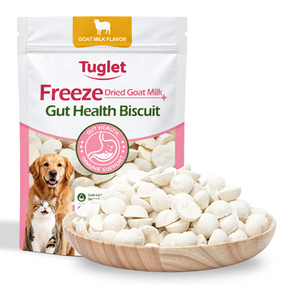 TUGLET Freeze Dried Goat Milk Gut Health Biscuit Dog & Cat Treat, Three Probiotics, Digestive Support, Low Fat Healthy Treats for All Breeds & Sizes, 5.3 oz Bag