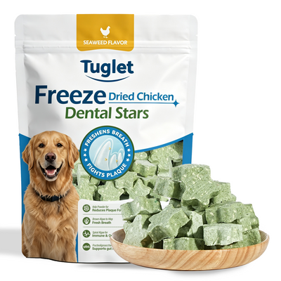 TUGLET Freeze Dried Dog Dental Chews, Real Chicken with Kelp & Seaweed for Plaque & Tartar Removal, Natural Teeth Cleaning Treats for All Dogs, 3.6 oz