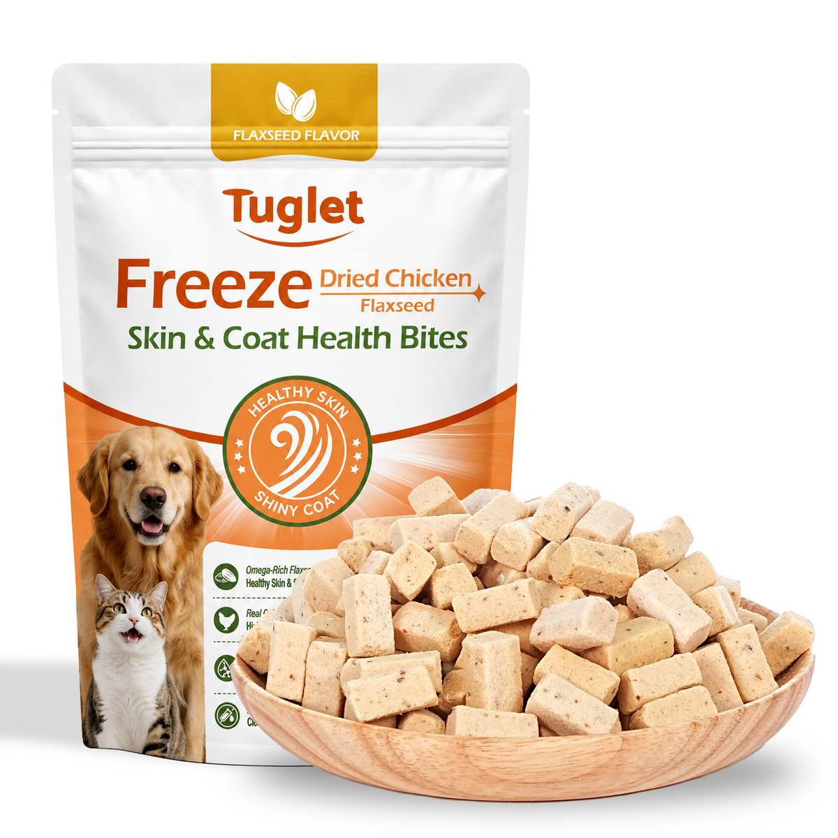 TUGLET Freeze-Dried Chicken Flaxseed Recipe Dog & Cat Treat, Omega-3 for Skin & Coat Support, High Protein Healthy Treats for Small Medium Large Dogs & Cats, 5.3 oz Bag