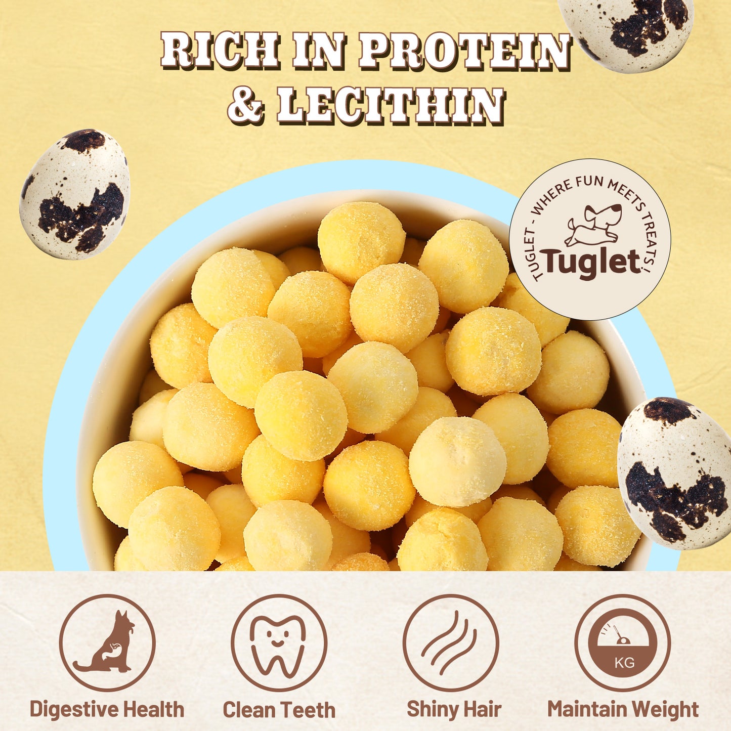 TUGLET Freeze-dried Cat and Dog Treats, Healthy Quail Egg Yolks Training Snacks Food Toppers, 8.8 oz