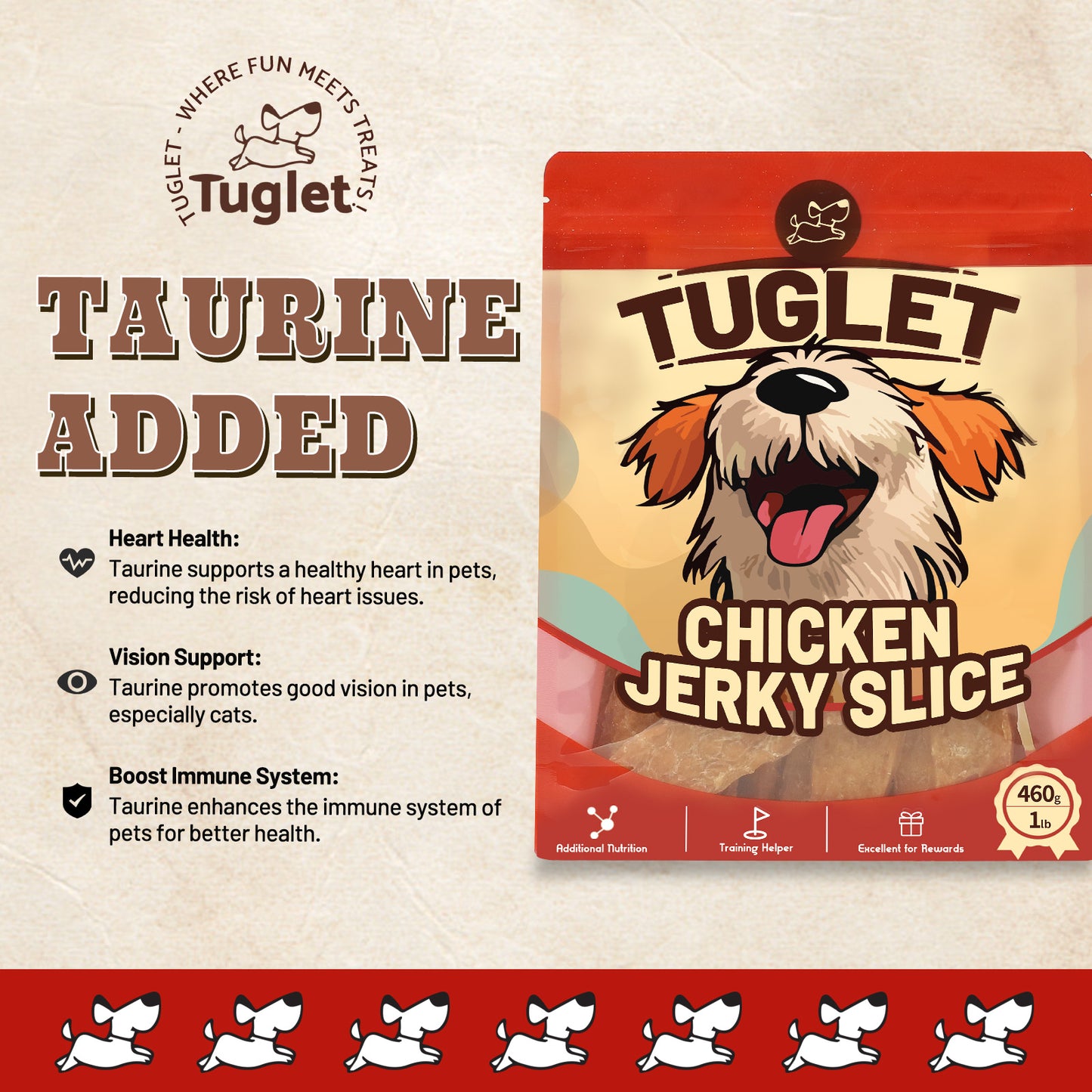 TUGLET Chicken Jerky Slice Dog Treats, High Protein Chewy Snacks with Taurine, 7 oz/16 oz