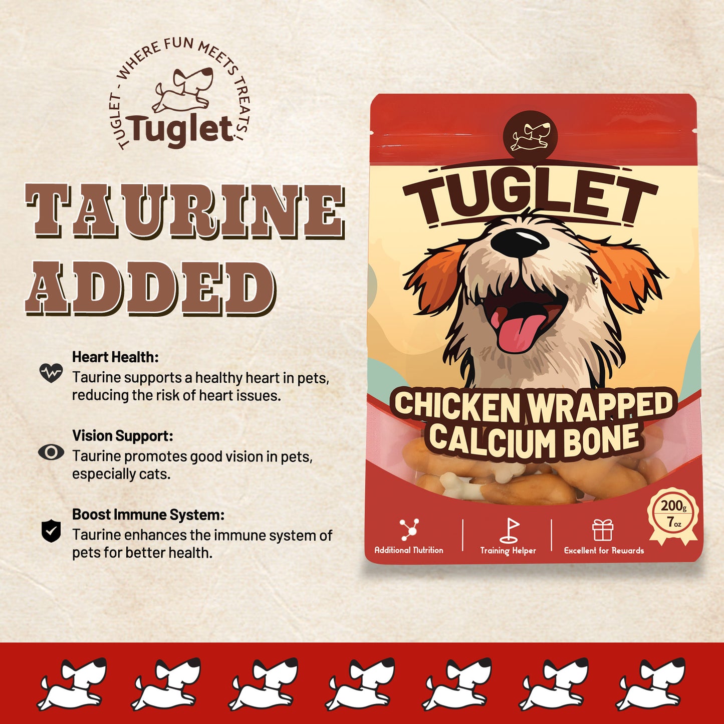 TUGLET Chicken Calcium Bone Dog Treats, Rawhide Free Healthy Snacks with Taurine, 7 oz/ 16 oz