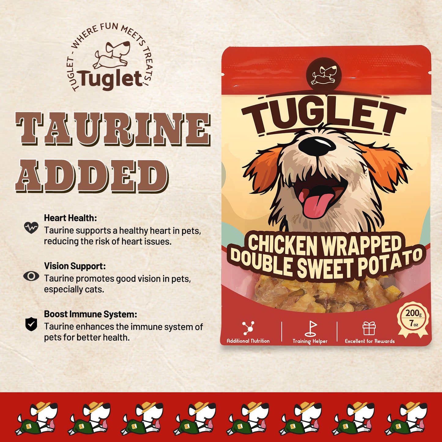 TUGLET Chicken Wrapped Sweet and Purple Potatoes Dog Treats, Human Grade Soft Snack with Taurine, 7 oz/16 oz