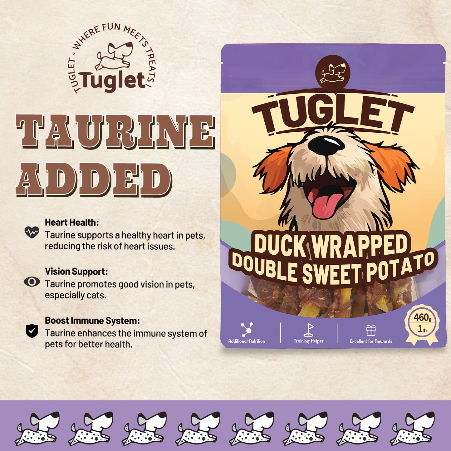 TUGLET Dog Treats Duck Wrapped Sweet and Purple Potatoes, Healthy Chewy Snacks with Taurine, 7 oz/16 oz