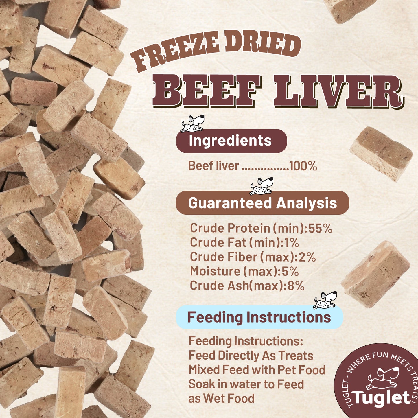 TUGLET Freeze Dried Beef Liver Dog Treats, High Protein Raw Single Ingredient Snacks, Healthy Training Reward & Food Topper, 4.6 oz