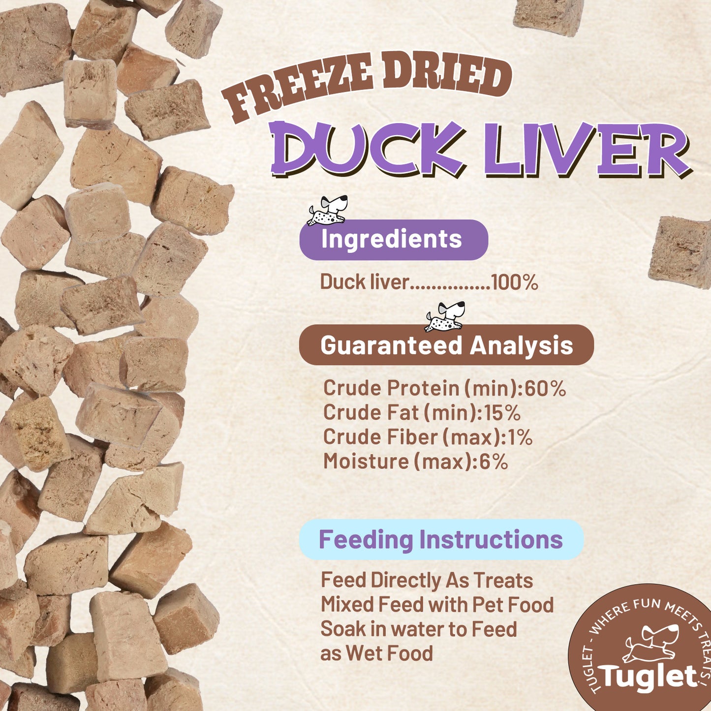 Tuglet Freeze Dried Duck Liver Dog Treats, Raw Single Ingredient Snacks, Healthy Food Toppers, 4.6 oz