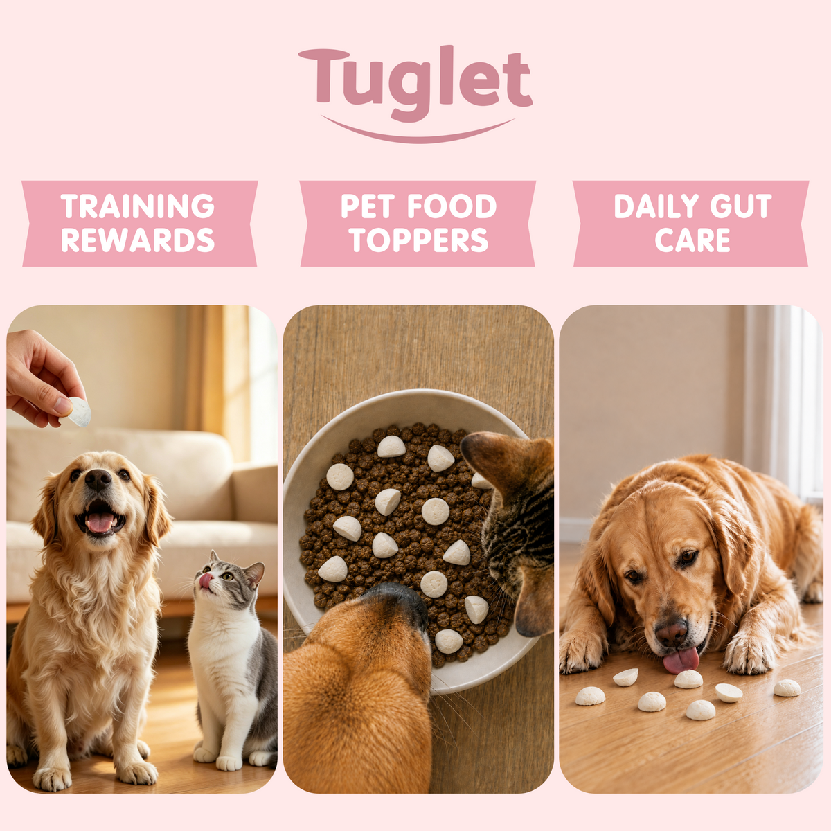 TUGLET Freeze Dried Goat Milk Gut Health Biscuit Dog & Cat Treat, Three Probiotics, Digestive Support, Low Fat Healthy Treats for All Breeds & Sizes, 5.3 oz Bag