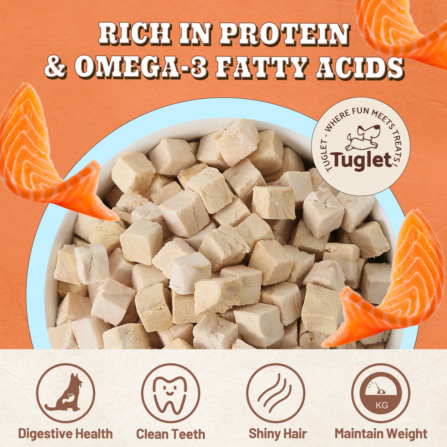 TUGLET Freeze Dried Dog and Cat Treats, Raw Single Ingredient Salmon Bites Dog Food Toppers, 3.9 oz