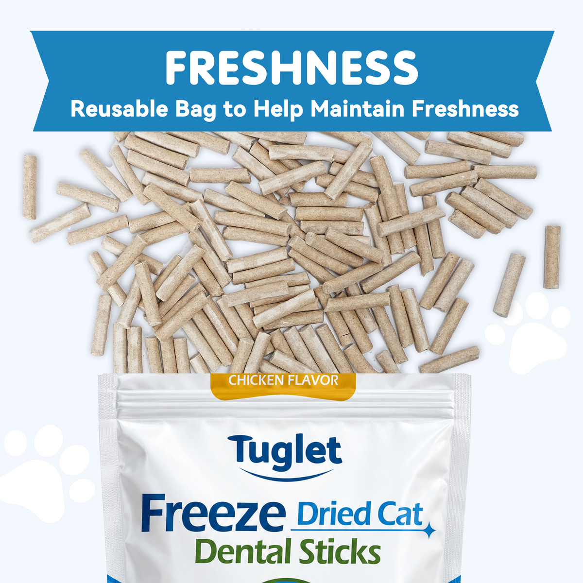 TUGLET Freeze Dried Dental Chew Sticks Cat Treat, Teeth Cleaning & Fresh Breath, 91% Chicken, High Protein & Low Fat Treats for All Cat Sizes, 5.47 oz Bag