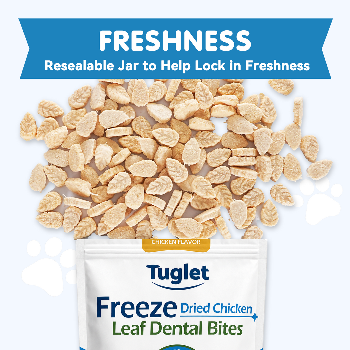 TUGLET Freeze-Dried Chicken Leaf Dental Chews Dog & Cat Treat, Cleans Teeth & Reduces Tartar, Freshens Breath, High Protein Treat for Small Medium Large Dogs & Cats, 5.3 oz Bag