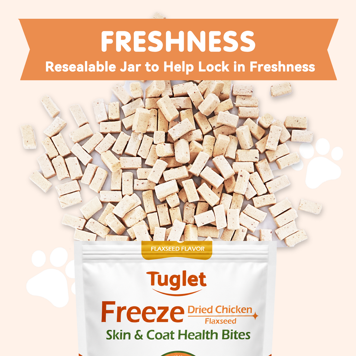 TUGLET Freeze-Dried Chicken Flaxseed Recipe Dog & Cat Treat, Omega-3 for Skin & Coat Support, High Protein Healthy Treats for Small Medium Large Dogs & Cats, 5.3 oz Bag