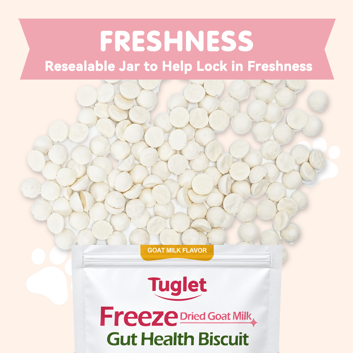 TUGLET Freeze Dried Goat Milk Gut Health Biscuit Dog & Cat Treat, Three Probiotics, Digestive Support, Low Fat Healthy Treats for All Breeds & Sizes, 5.3 oz Bag