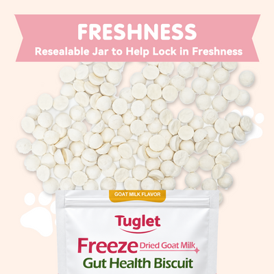 TUGLET Freeze Dried Goat Milk Gut Health Biscuit Dog & Cat Treat, Three Probiotics, Digestive Support, Low Fat Healthy Treats for All Breeds & Sizes, 5.3 oz Bag